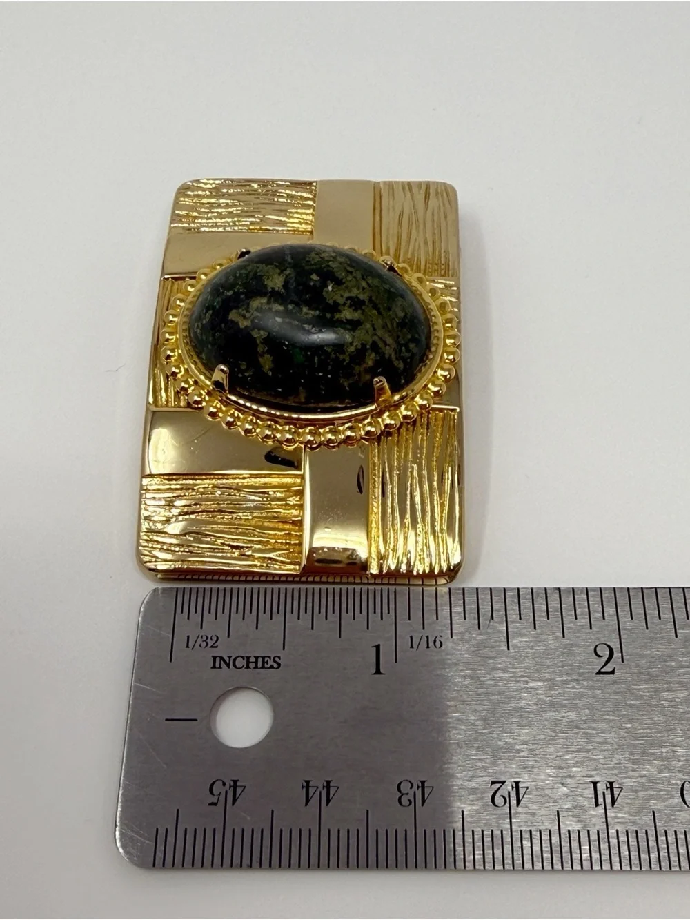 Vintage Gold Tone Belt Buckle Statement Green Stone Cabochon Rectangle Textured